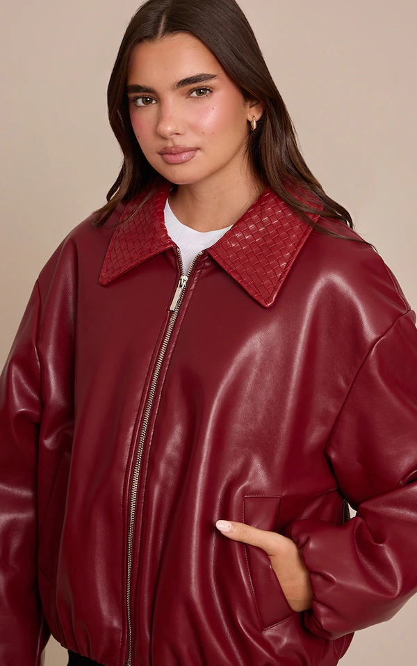 Red Quilted Collar Detail Faux Leather Bomber